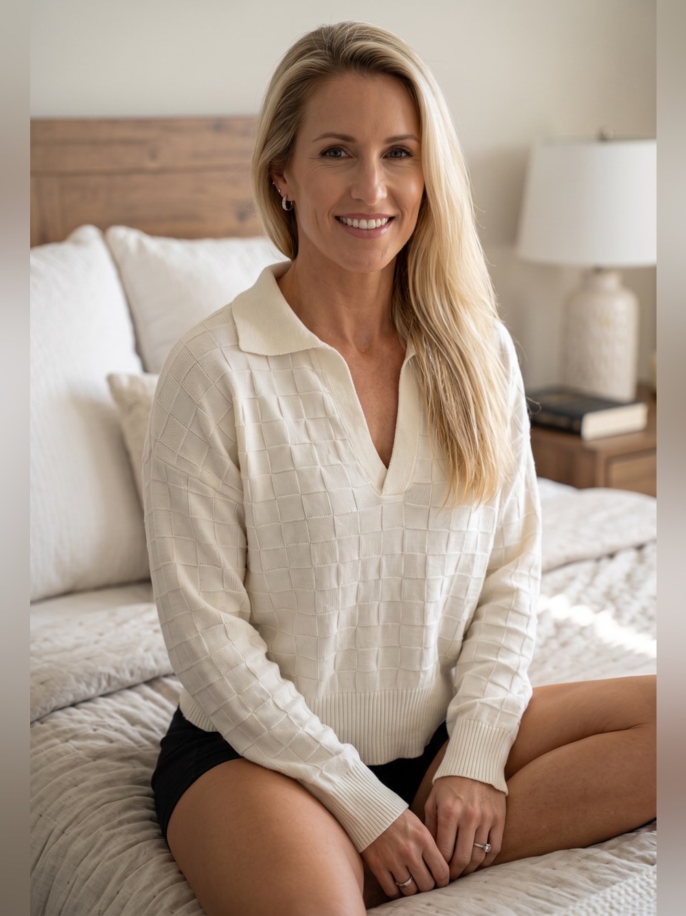 moon & madison Cream V-Neck Polo-Collar Textured Sweater